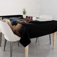 Black dining tablecloth with blue Pegasus and cloudy sky pattern
