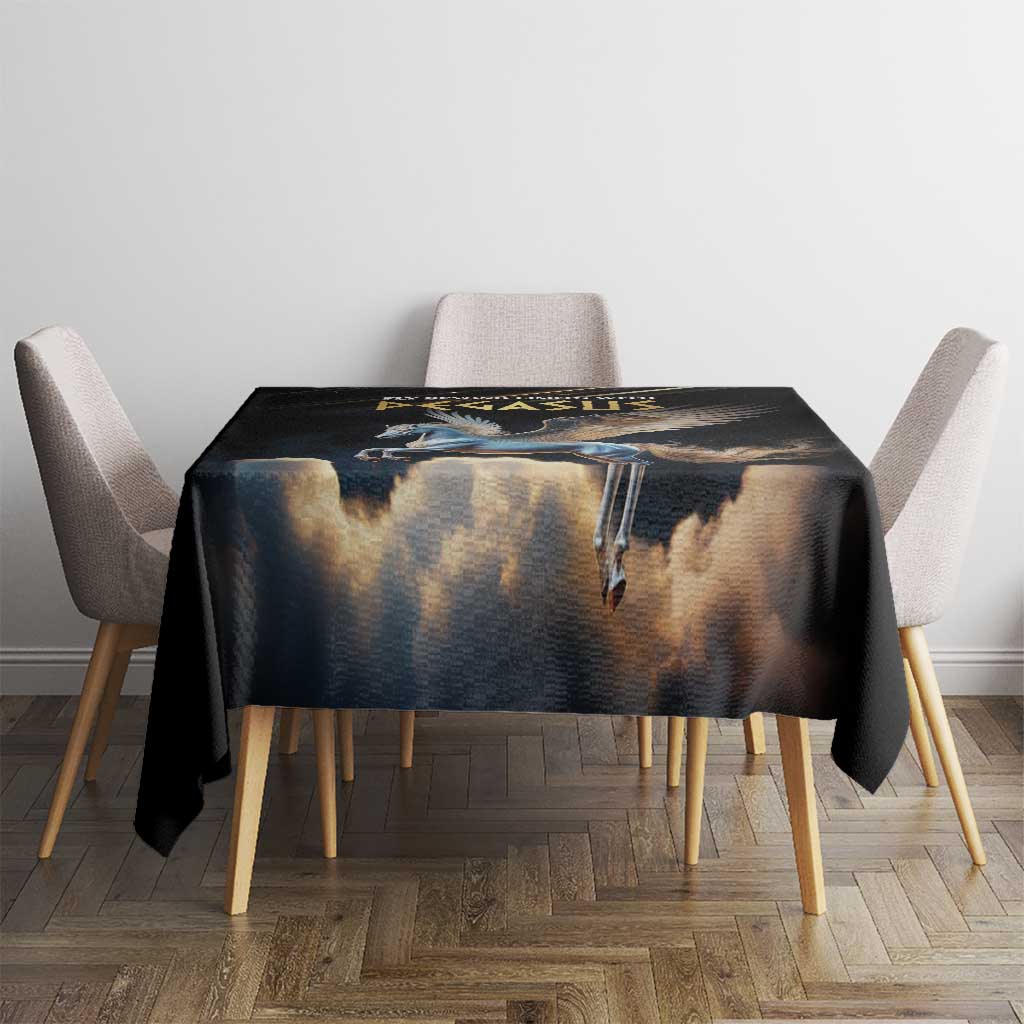 Black square tablecloth with blue Pegasus wing image and gold accents
