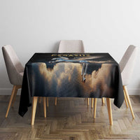Black square tablecloth with blue Pegasus wing image and gold accents