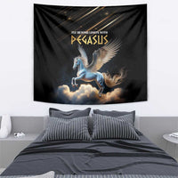 Black Pegasus wall tapestry featuring a blue pegasus flying over clouds and gold text