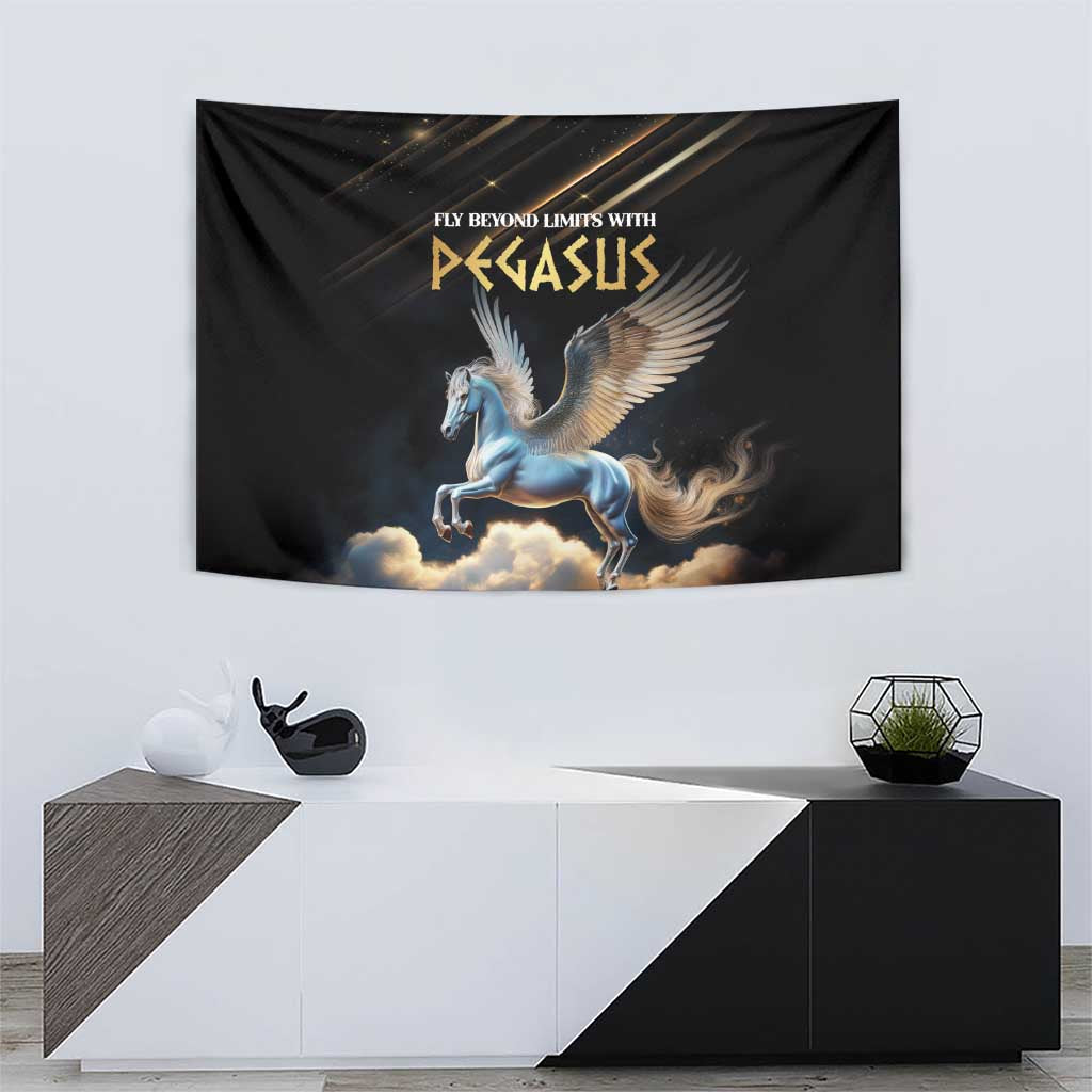 Black Pegasus tapestry with blue pegasus, gold logo text, and wings against clouds