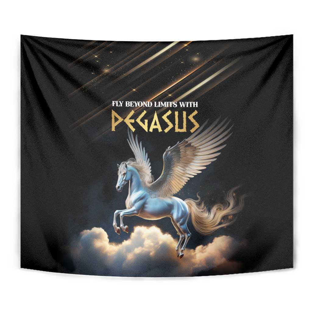 Black Pegasus tapestry wall-hanging with blue pegasus, gold logo text, and soft clouds