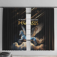 Two black Pegasus window curtain panels with blue horse and gold wing motif across center window.
