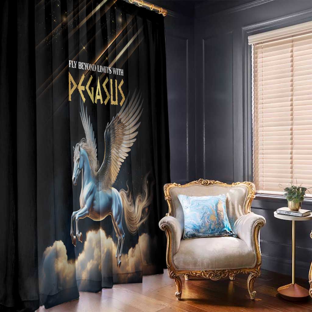 Black Pegasus-themed window curtain panel beside an armchair, featuring blue winged horse graphic.