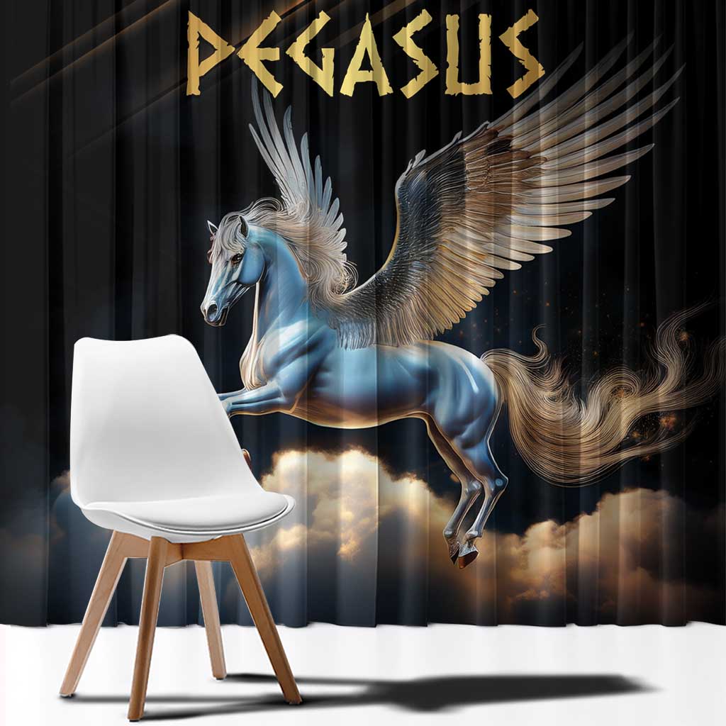 Black Pegasus-themed window curtain panel with blue winged horse graphic in center.
