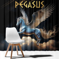 Black Pegasus-themed window curtain panel with blue winged horse graphic in center.