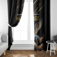 Black Pegasus window curtain panel draped beside a white door, featuring gold and blue horse wings.