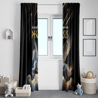 Pair of black Pegasus window curtains framing a doorway, with winged horse and golden accents.
