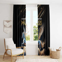 Black Pegasus window curtain pair with blue horse and large golden wing details against window.