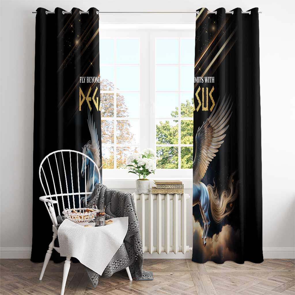 Black Pegasus window curtain panels with top rod rings and a blue winged horse graphic.