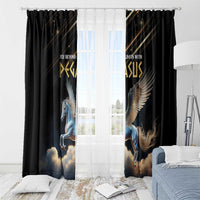 Black Pegasus window curtain panels with rod clips, featuring blue winged horse and golden logo text.
