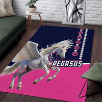 Pink and navy Pegasus area rug with “PEGASUS” logo and diamond-pattern border