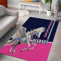 Pink and navy Pegasus area rug featuring a white horse graphic with “PEGASUS” text