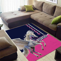Pink and navy Pegasus area rug with large winged horse print and gemstone-style border