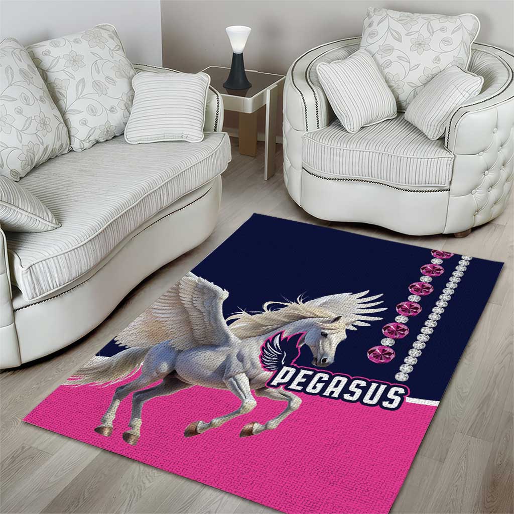 Pink and navy Pegasus area rug showing a winged horse and “PEGASUS” lettering