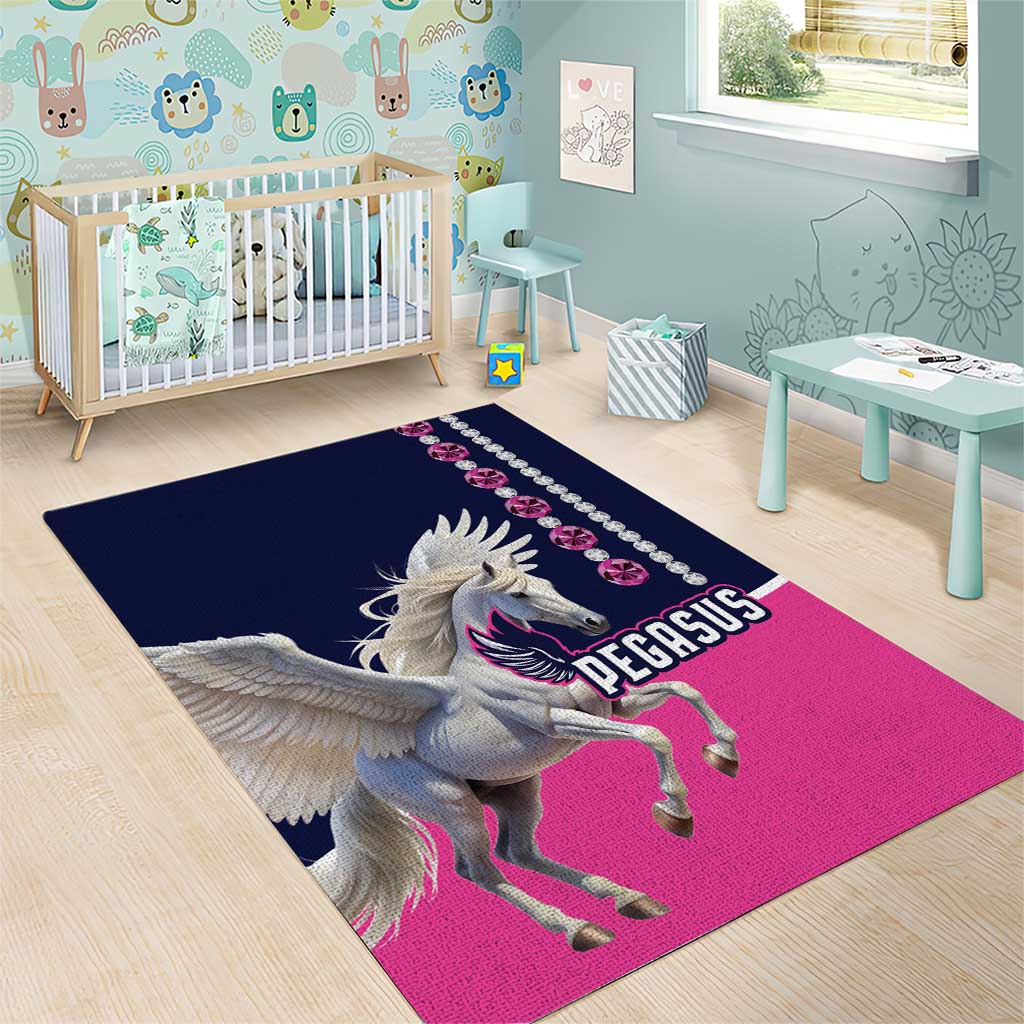 Pink and navy Pegasus area rug with “PEGASUS” logo and jeweled diamond edge trim