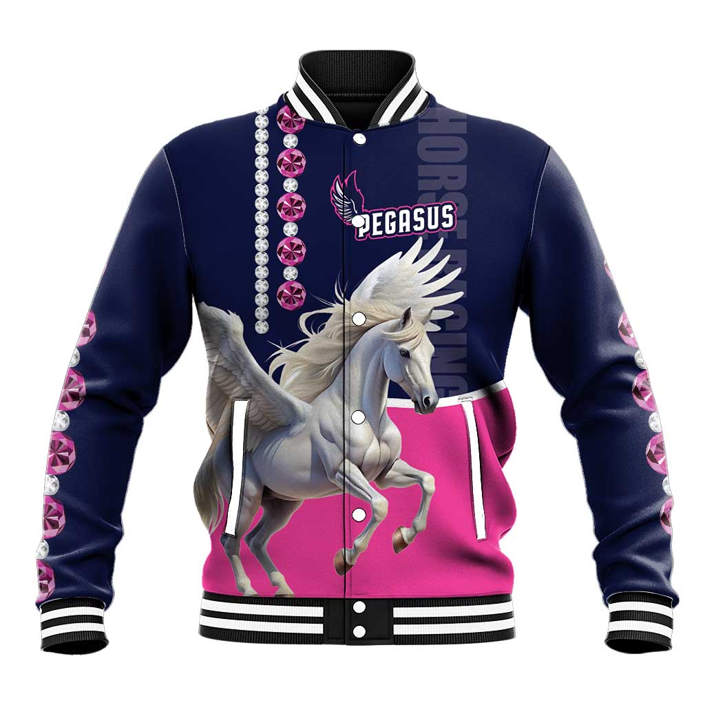 Navy baseball jacket with front pegasus graphic, pink accents and diamond buttons