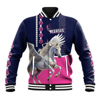 Navy baseball jacket with front pegasus graphic, pink accents and diamond buttons