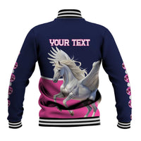 Navy baseball jacket back with large white pegasus and pink side panel, striped collar
