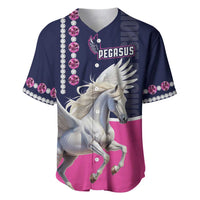 Pink and navy baseball jersey with Pegasus graphic, rhinestone trim, button-front