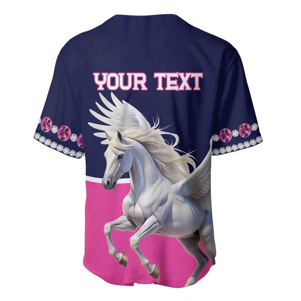 Navy baseball jersey back with YOUR TEXT, white Pegasus, rhinestone sleeve trim