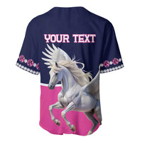 Navy baseball jersey back with YOUR TEXT, white Pegasus, rhinestone sleeve trim
