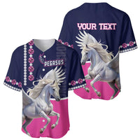 Navy and pink personalized Pegasus baseball jersey, front and back views with rhinestone trim