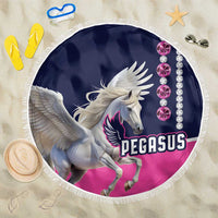 Round beach blanket with fringe, navy and pink Pegasus graphic, white beaded gem trim.