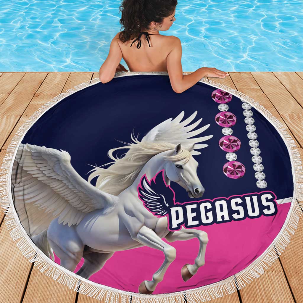 Round beach blanket with fringe, navy and pink Pegasus graphic with gem-stone border.