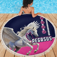 Round beach blanket with fringe, navy and pink Pegasus graphic with gem-stone border.