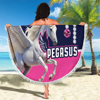 Round beach blanket with fringe, navy and pink Pegasus print with gem border.