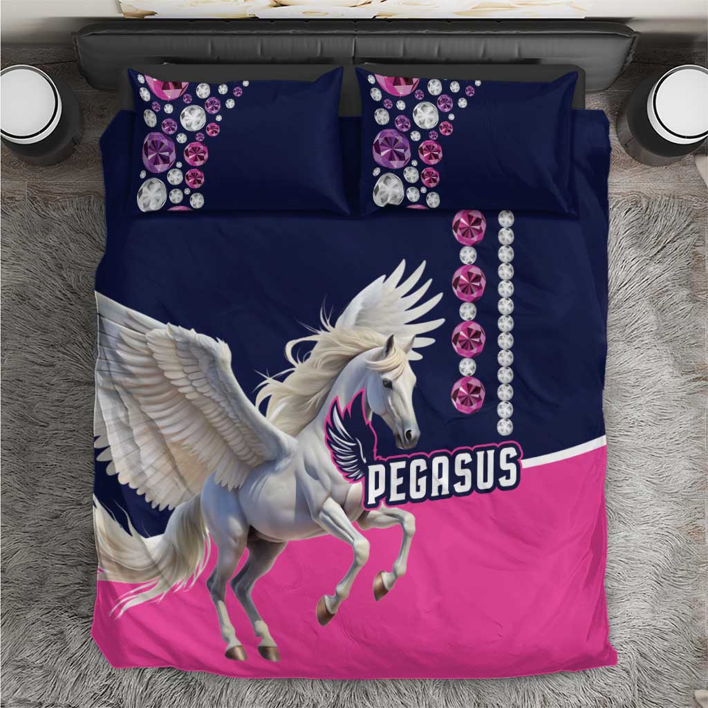 Navy and pink Pegasus bedding set, featuring winged Pegasus and crystal-style bead trim on pillows