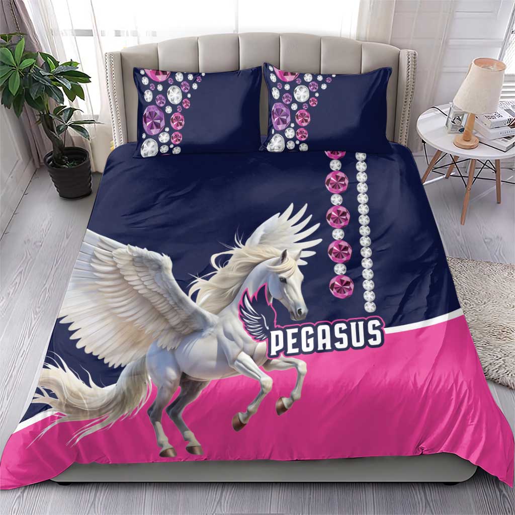 Navy and pink Pegasus bedding set with winged Pegasus, plus jewel-stone decorated pillow details