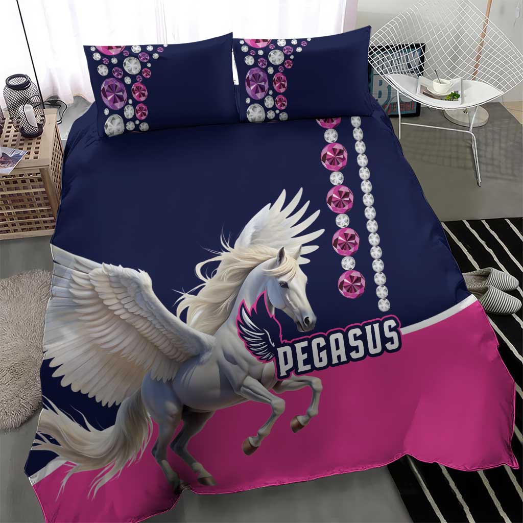 Navy and pink Pegasus bedding set with winged Pegasus, jewel bead column detail on pillow