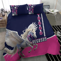Navy and pink Pegasus bedding set with winged Pegasus, jewel bead column detail on pillow