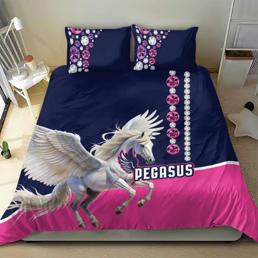 Navy and pink Pegasus bedding set with winged Pegasus logo and jewel-pattern pillow accents