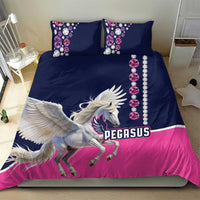Navy and pink Pegasus bedding set with winged Pegasus logo and jewel-pattern pillow accents