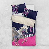 Navy and pink Pegasus bedding set with winged Pegasus graphic and jewel-themed pillow designs