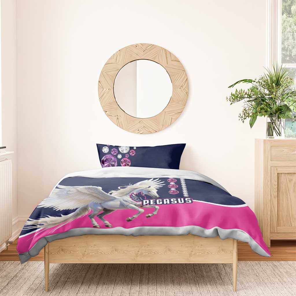 Pegasus bedding set in navy and pink, with winged Pegasus and decorative jewel pattern pillows