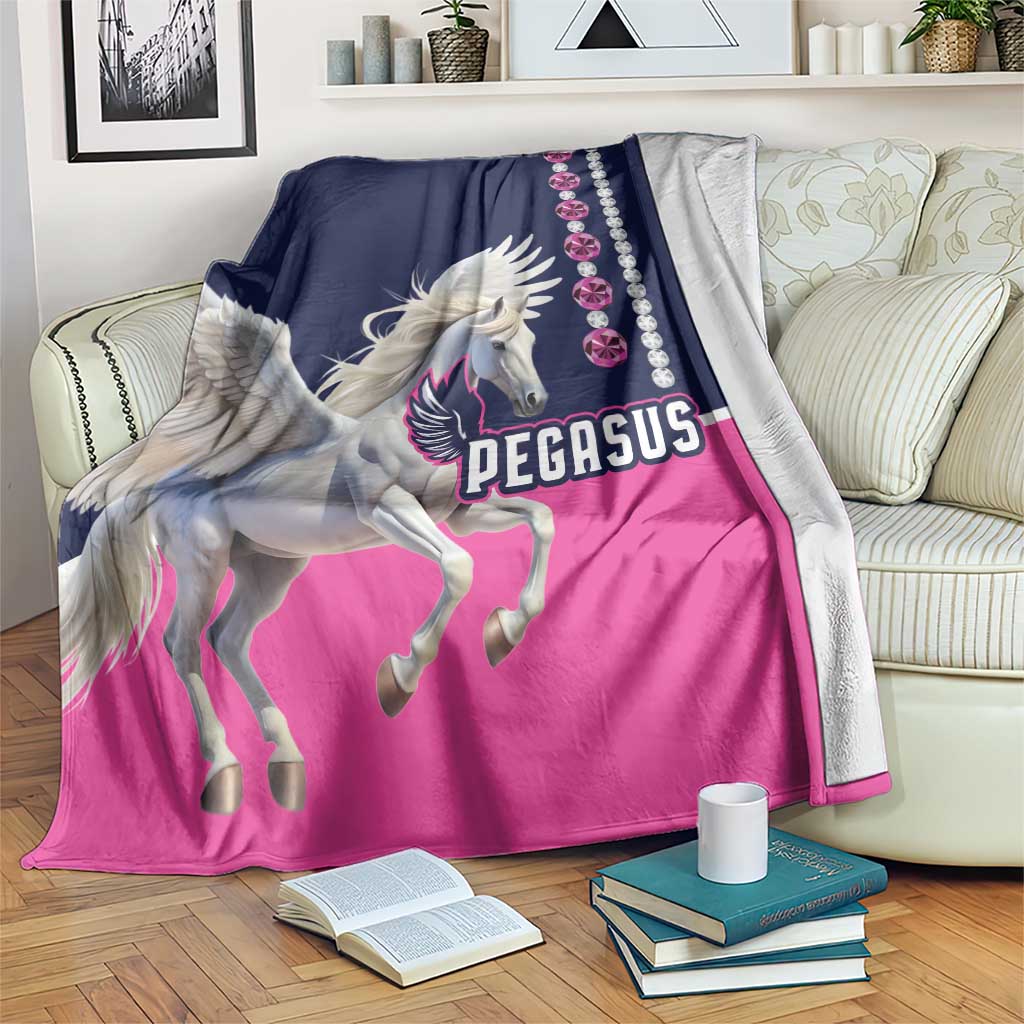 Horse racing blanket with Pegasus graphic, navy and pink design with gem-style border