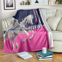 Horse racing blanket with Pegasus graphic, navy and pink design with gem-style border