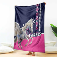 Horse racing blanket hanging display, Pegasus graphic in navy and pink with gem-style border