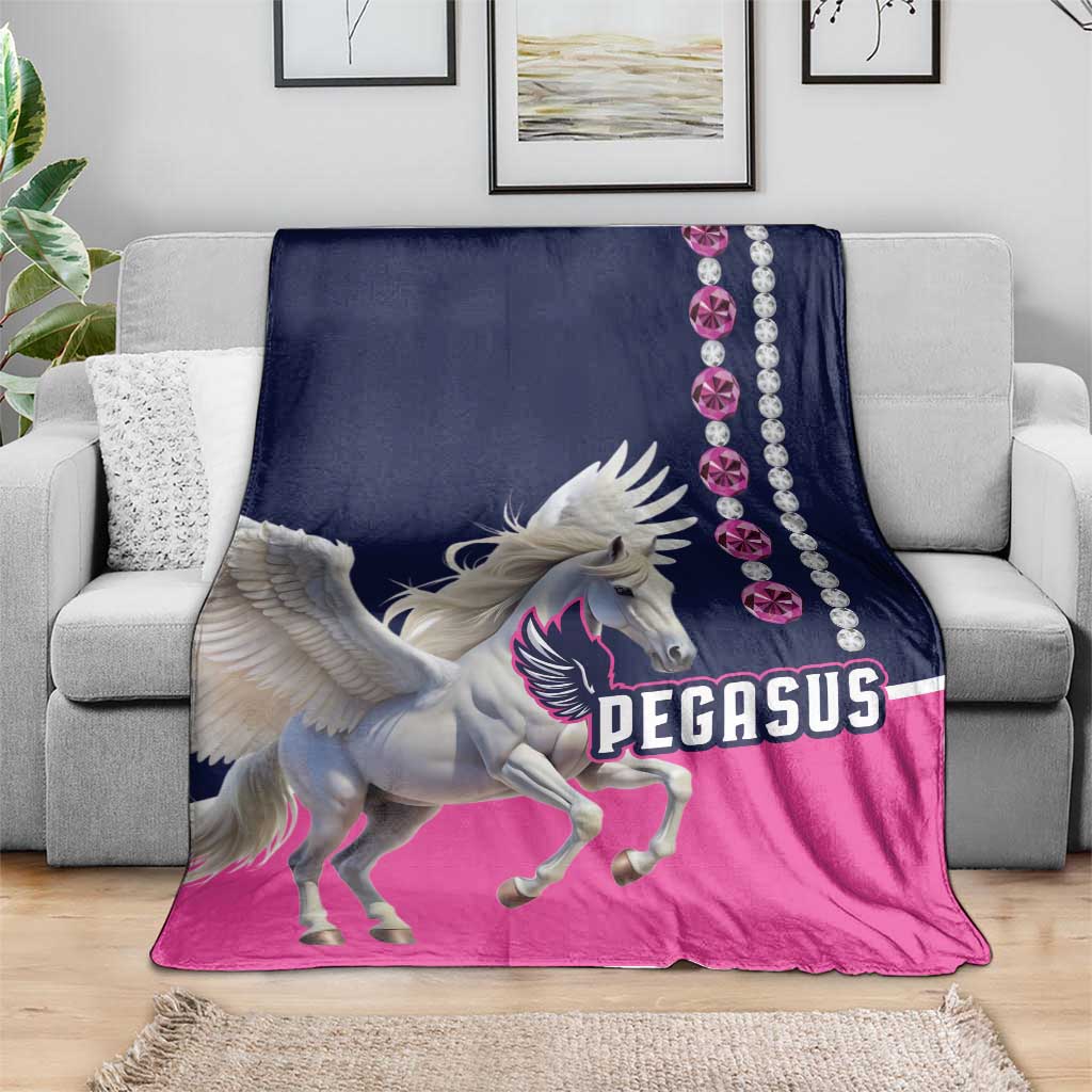 Horse racing blanket on a sofa with Pegasus graphic, navy and pink plus gem-trim border