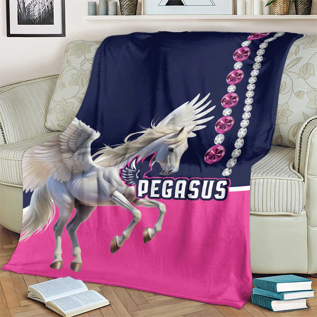 Horse racing blanket draped on a couch, Pegasus graphic with navy, pink, and gem trim