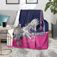 Horse racing blanket on the floor with Pegasus graphic, navy and pink with jeweled trim