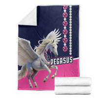 Horse racing blanket folded with Pegasus graphic, navy top and pink bottom with gem trim