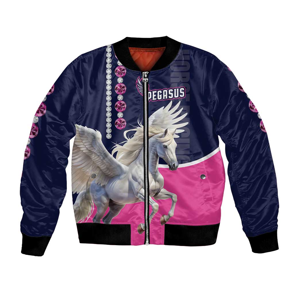 Navy bomber jacket with pink lower panel, full-zip front, white pegasus graphic
