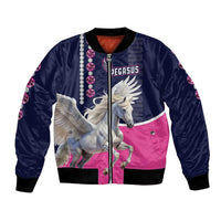 Navy bomber jacket with pink lower panel, full-zip front, white pegasus graphic