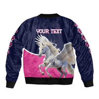 Navy bomber jacket back with white pegasus, pink panel, pink "YOUR TEXT" print