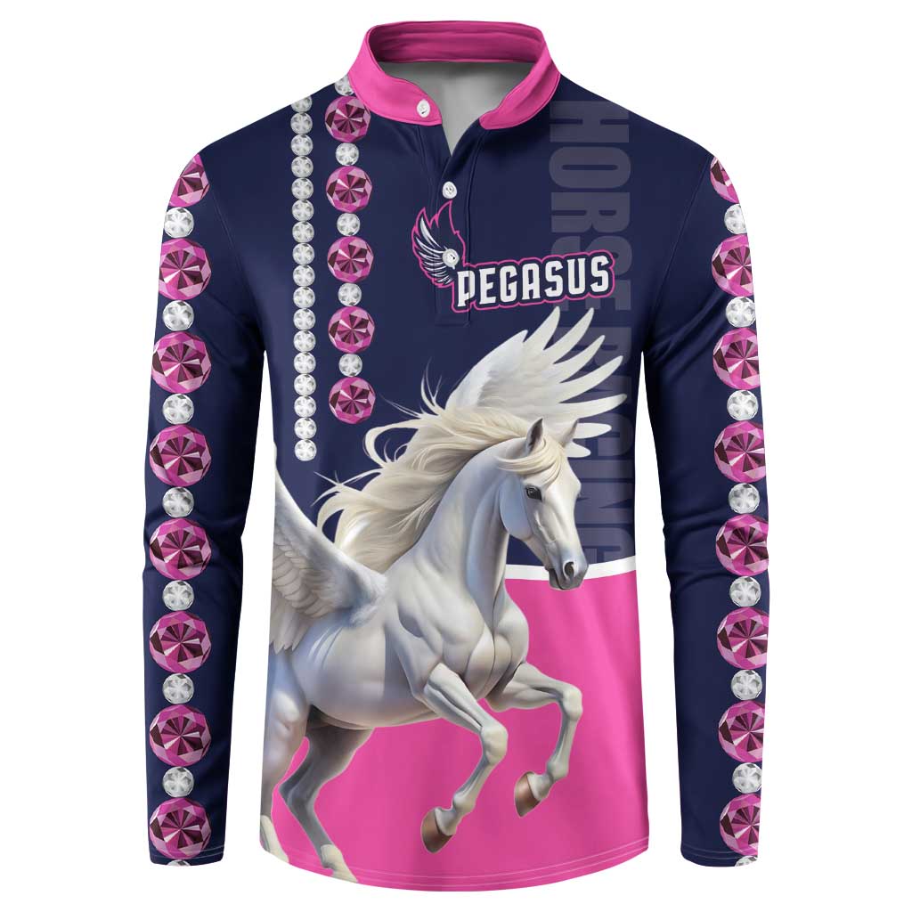 Button-front sweatshirt with pink collar, navy/pink Pegasus graphic and diamond-rhinestone sleeves